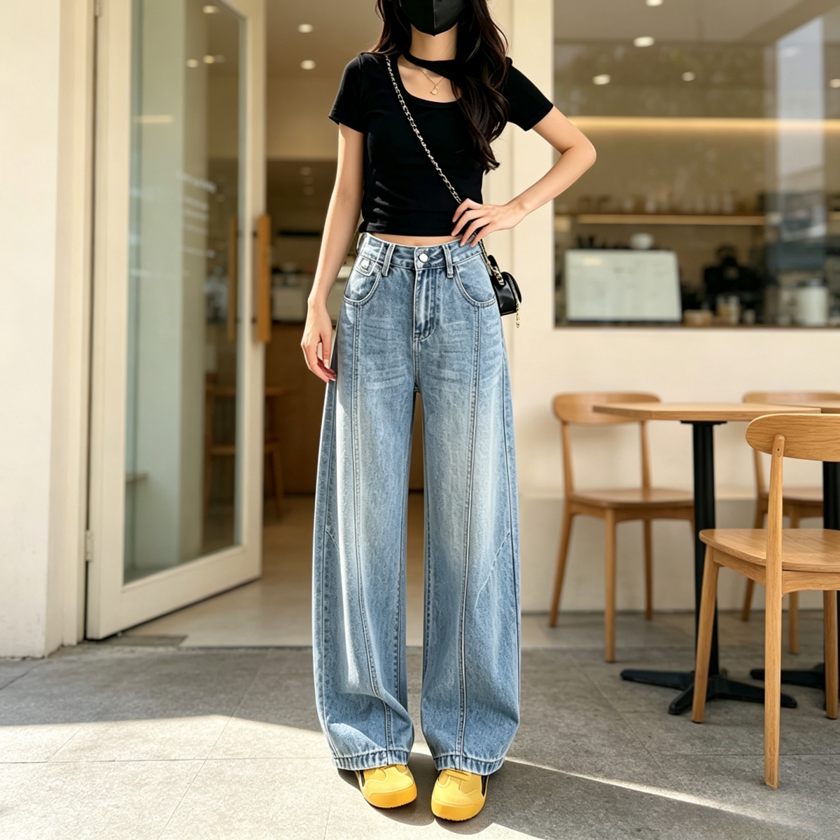 水洗阔腿牛仔裤女浅蓝立体分割高腰束脚宽松遮胯梨形拖地牛仔长裤