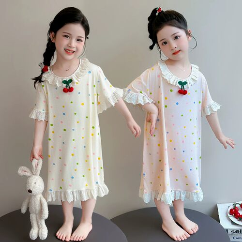 女童夏季薄款蕾丝花边莫代尔睡裙