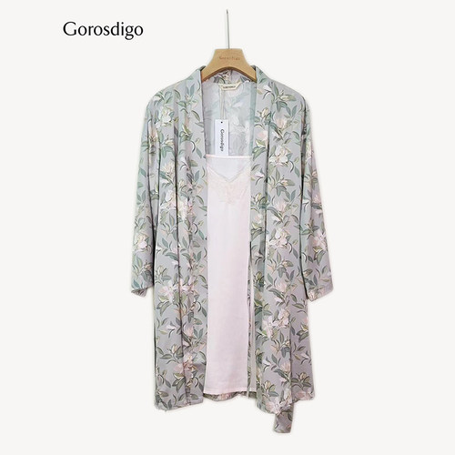 新款丝质睡衣女睡裙薄款绿色印花睡衣女士吊带家居服套装