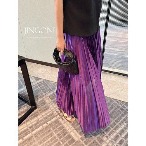 JINGONI缎面百褶醋酸半身裙女士高腰a字大摆垂感长裙飘逸宽松显瘦