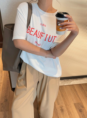 白色字母短袖T恤女上衣春夏新款2025年百搭韩版宽松休闲chic显瘦