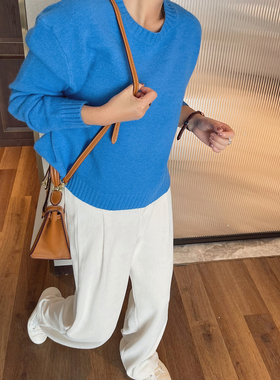 蓝色圆领宽松毛衣女士上衣套头针织衫2024秋冬新款韩版百搭小个子