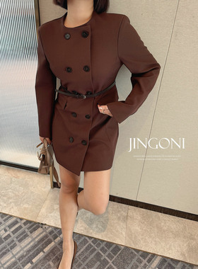 JINGONI气质双排扣长袖圆领连衣裙女短裙修身显瘦收腰通勤高级感