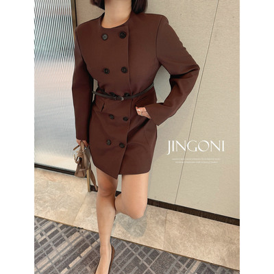 JINGONI气质双排扣长袖圆领连衣裙女短裙修身显瘦收腰通勤高级感