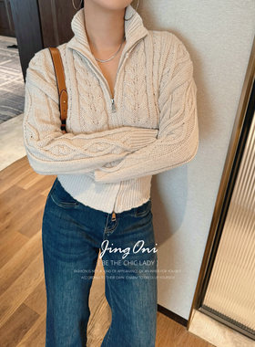 JINGONI立领麻花开衫毛衣女上衣秋冬新款收腰修身针织衫气质优雅