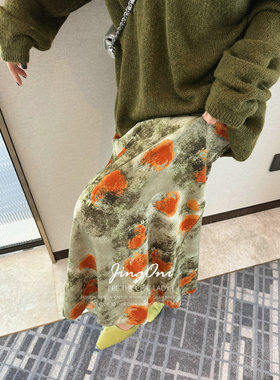 JINGONI扎染花色半身裙子女秋高腰a字宽松气质显瘦中长款大摆优雅