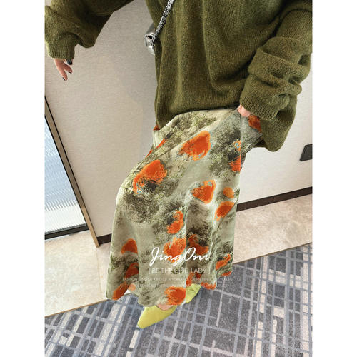 JINGONI扎染花色半身裙子女秋高腰a字宽松气质显瘦中长款大摆优雅-封面