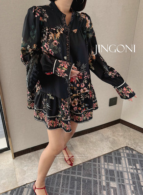 JINGONI碎花黑色灯笼长袖连衣裙女人味宽松复古显瘦短裙春季新款