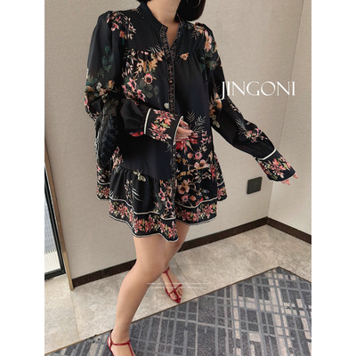 JINGONI碎花黑色灯笼长袖连衣裙女人味宽松复古显瘦短裙春季新款