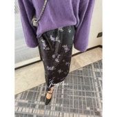 优雅显瘦韩版 JINGONI碎花丝绒松紧半身裙子女高腰中长款 秋冬新款