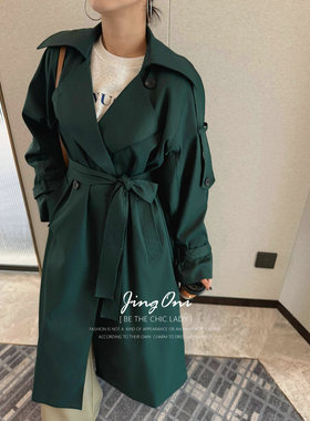JINGONI墨绿色收腰中长款风衣外套女士新款大衣宽松气质高级优雅