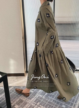 JINGONI花朵刺绣衬衫连衣裙子女长袖中长款宽松复古显瘦大摆秋季