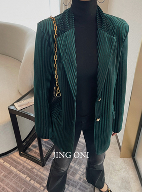 绿色丝绒西装外套女士上衣2025年早春季新款法式韩版宽松显瘦气质