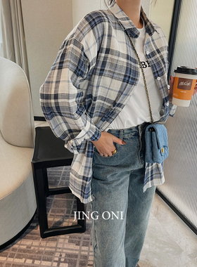 蓝色格子衬衫长袖女2025年春季新款上衣韩版宽松休闲百搭港风衬衣