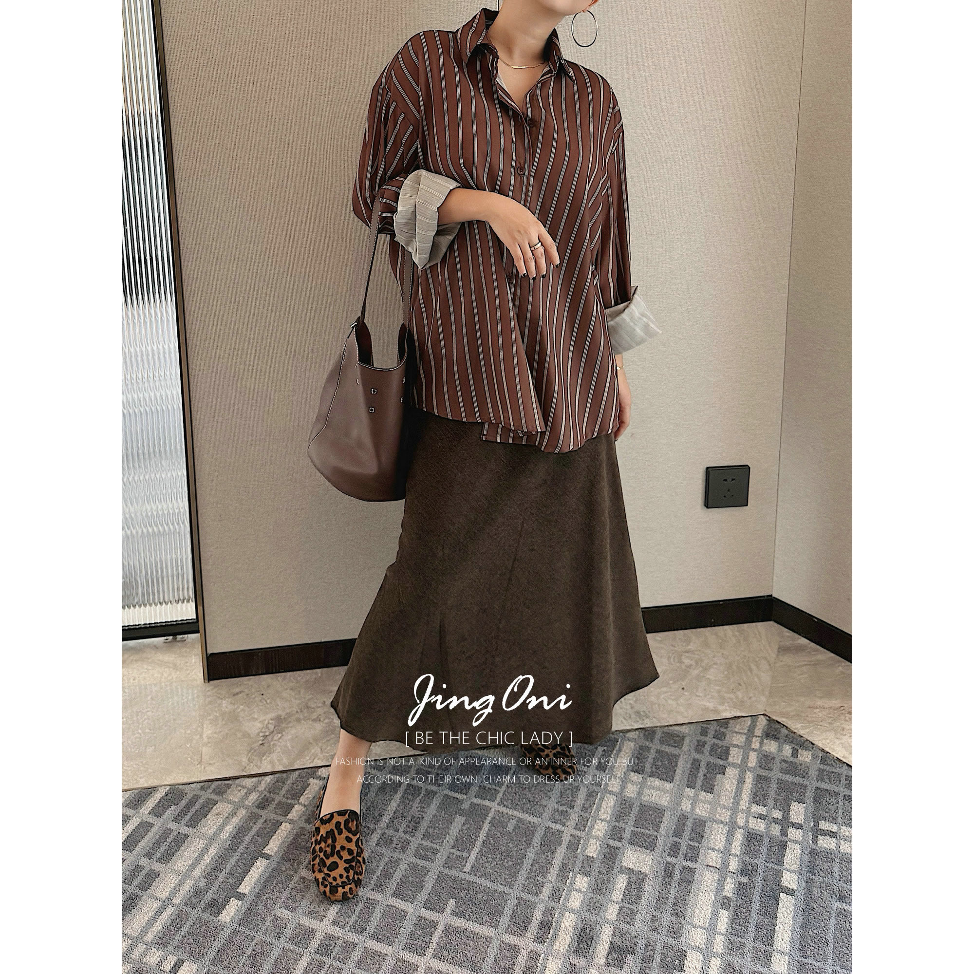 JINGON咖啡色长袖条纹衬衫女欧美风宽松时尚衬衣上衣2025年新款潮