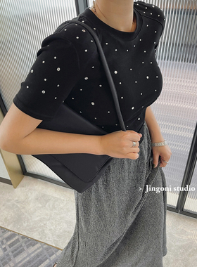 亮钻t恤女黑色上衣紧身修身小衫2025年夏季新款短款体恤复古时尚