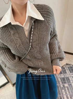 JINGONI假两件衬衫领麻花套头毛衣女上衣2025年新款气质韩系宽松