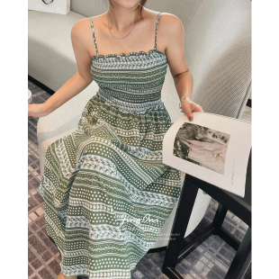 收腰修身 中长款 复古潮 新款 绿色波西米亚吊带连衣裙子女2025年夏季