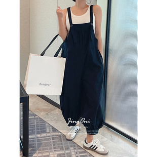 显瘦阔腿小个子潮 黑色哈伦背带裤 子女九分2024年夏季 新款 宽松时尚