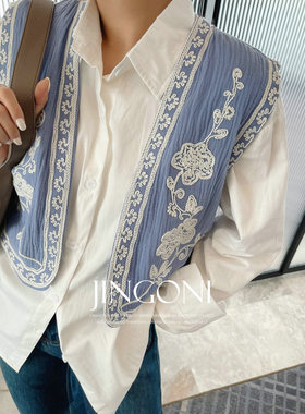 蓝色刺绣马甲上衣女春秋季新款马夹坎肩复古宽松短款碎花法式气质