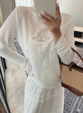 JINGONI白色花朵胶印网纱长袖薄款T恤女上衣夏季新款宽松休闲韩版