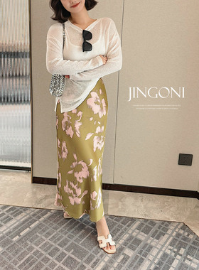 JINGONI花朵醋酸高腰半身裙女修身包臀a字鱼尾显瘦缎面中长款夏季