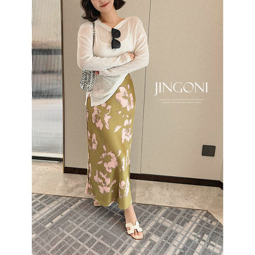 JINGONI花朵醋酸高腰半身裙女修身包臀a字鱼尾显瘦缎面中长款夏季