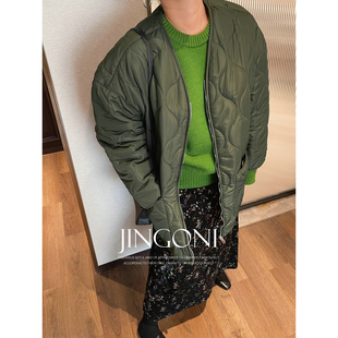 时尚 JINGONI菱格军绿棉衣外套女秋冬季 新款 宽松韩版 风潮 棉服工装