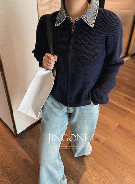 JINGONI假两件牛仔拼接翻领毛衣女上衣秋冬季新款针织衫韩系气质