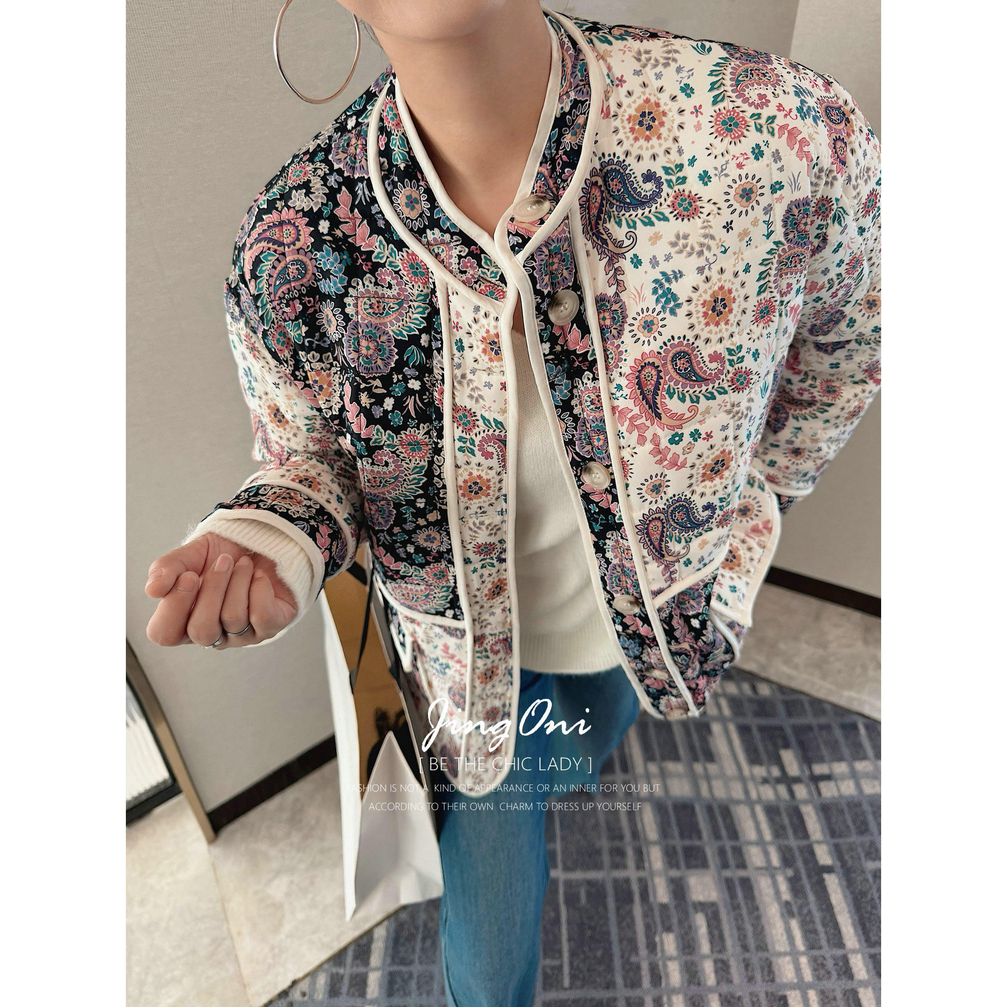 JINGONI法式复古撞色碎花薄款棉衣外套女秋冬季棉服夹克宽松显瘦