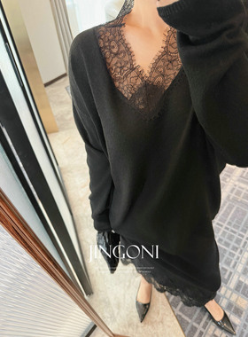 JINGONI黑色蕾丝V领针织衫女上衣宽松显瘦优雅温柔内搭打底毛衣潮