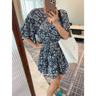 宽松修身 印花雪纺收腰短袖 法式 连衣裙子女V领2024夏季 小个子 新款