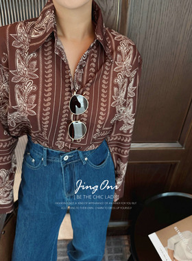 JINGONI咖色复古印花长袖衬衫女上衣法式宽松显瘦衬衣气质春秋季