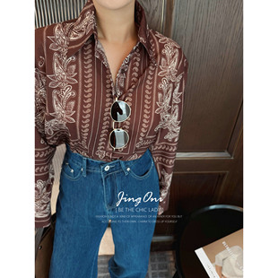 JINGONI咖色复古印花长袖衬衫女上衣法式宽松显瘦衬衣气质春秋季
