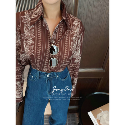 JINGONI咖色复古印花长袖衬衫女上衣法式宽松显瘦衬衣气质春秋季