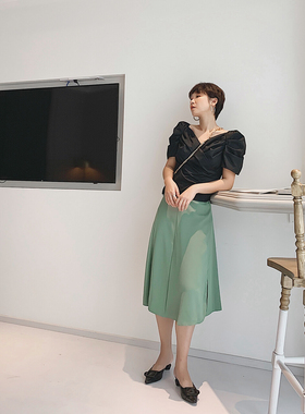 不规则开叉a字半身裙高腰字裙智熏裙法式便利绿色chic温柔仙女夏