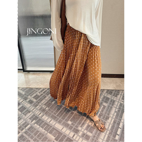 JINGONI圆波点百褶半身裙女松紧高腰早秋a字大摆垂感宽松复古长裙