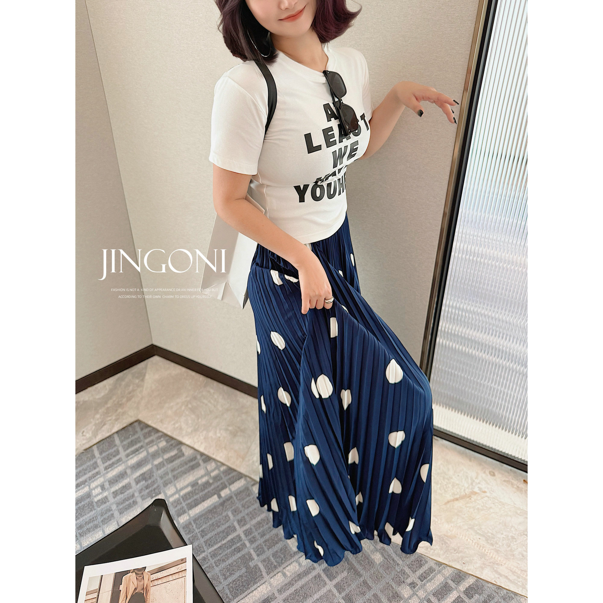 JINGONI波点百褶长裙女松紧高腰a字大摆宽松垂感遮胯圆点半身裙夏图片