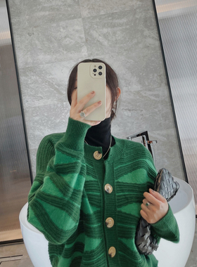 绿色开衫毛衣女士秋冬季外套针织上衣小香风短款小个子2024年新款