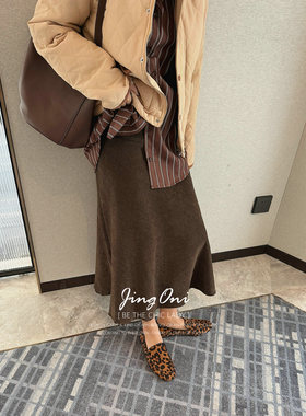 JINGONI美拉德高腰毛呢鱼尾半身裙中长款秋冬季修身显瘦包臀优雅