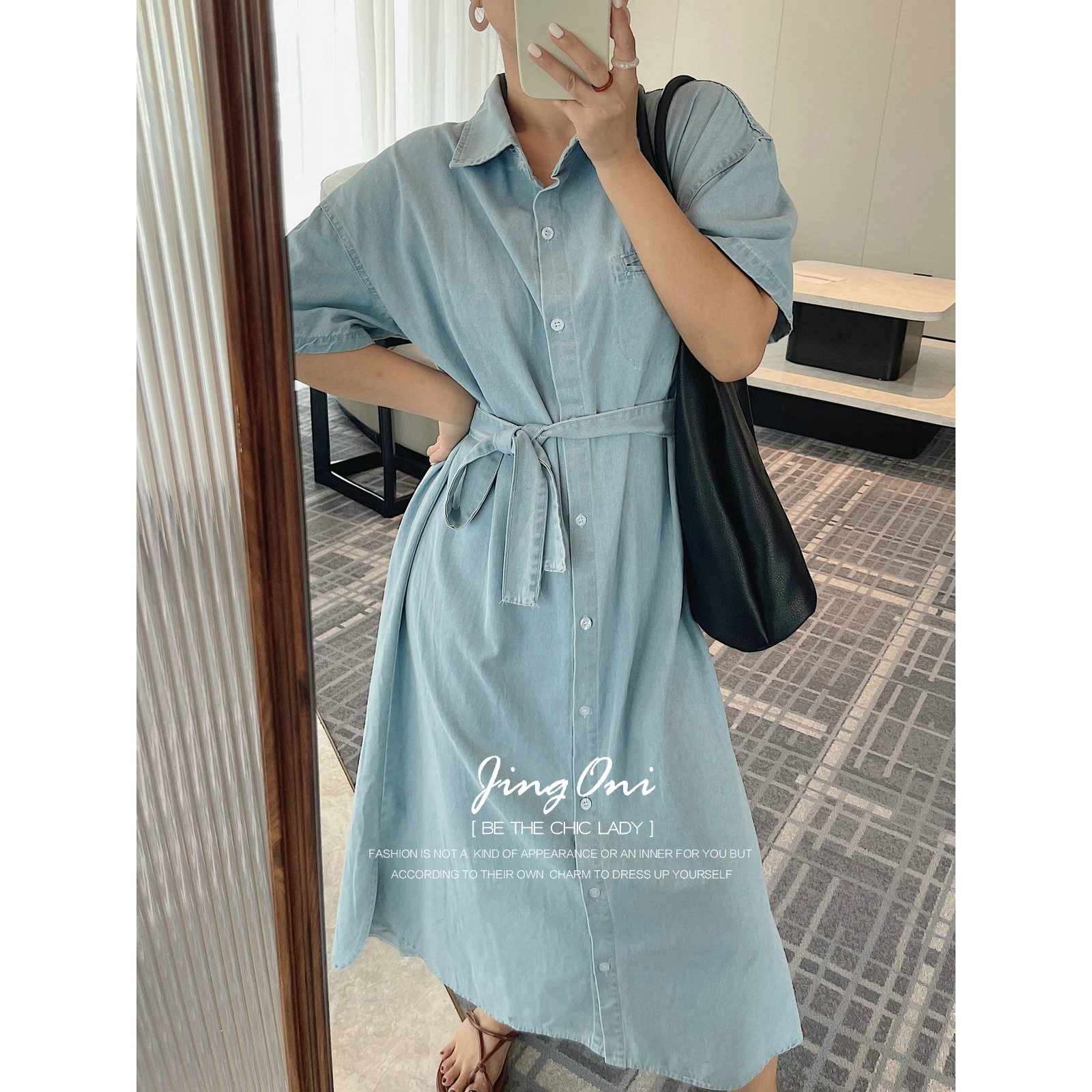 牛仔收腰连衣裙子短袖女夏季新款休闲宽松韩版松弛感中长款慵懒潮