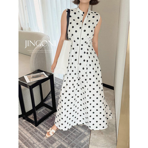 JINGONI黑白波点收腰无袖连衣裙女a字大摆长裙法式显瘦优雅遮胯夏