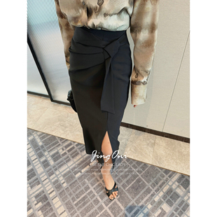 JINGONI不规则收腰半身裙子女高腰包臀修身显瘦中长款开叉女人味