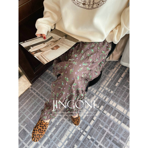 JINGONI新品棕色碎花长裙