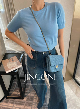 短袖针织衫T恤女上衣春秋季新款打底衫圆领纯色chic百搭内搭简约