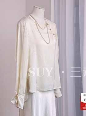 SUY YIXI 新中式国风提花衬衫女圆领上衣禅意百搭2025年新款小衫