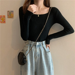 實拍實價 長袖打底衫女新款港風修身方領露鎖骨內搭針織上衣
