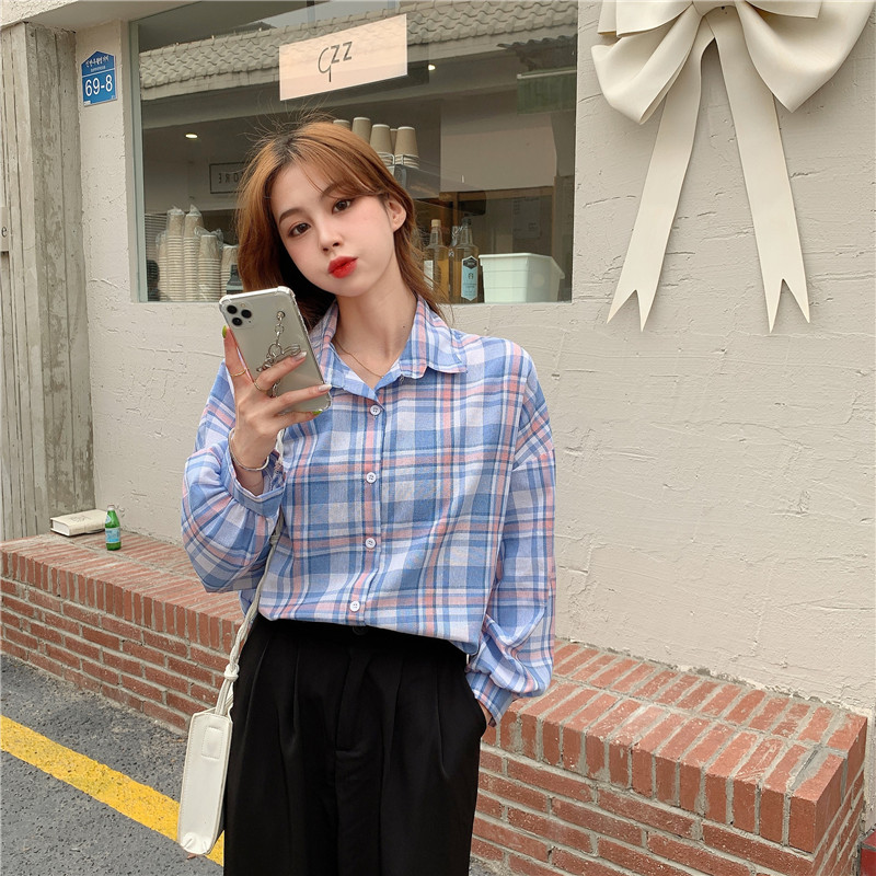 Real price new Hong Kong style retro Plaid Shirt loose students versatile cotton and hemp long sleeve sunscreen clothes