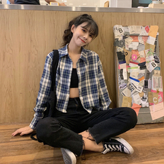 Real price ~ New Korean minority design feeling retro check short spring shirt