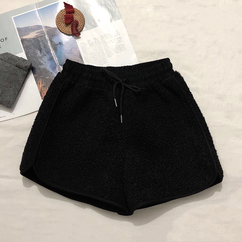 Real price autumn and winter new lambs wool wide leg shorts lace up high waist versatile show thin boots pants